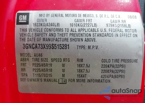 2009 Chevrolet Hhr Ss z USA, uszkodzony, nr VIN 3GNCA73X99S515281